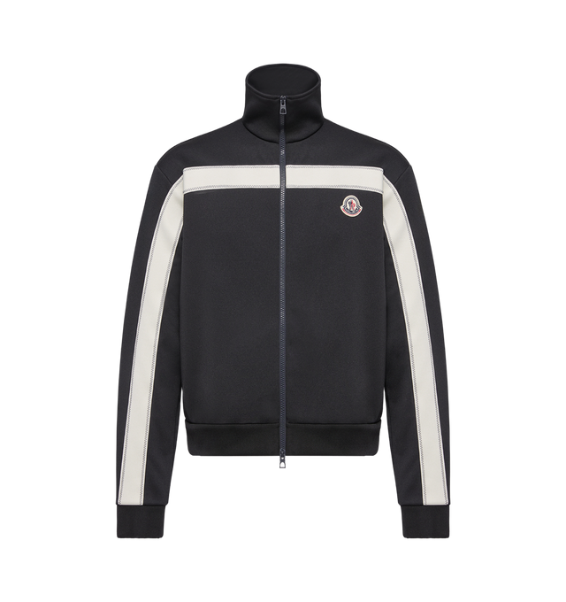 Image 1 of 2 - BLACK - MONCLER Zip Up Cardigan featuring stand collar, logo patch on chest, ribbed cuffs and hem and zip closure. 100% polyester.