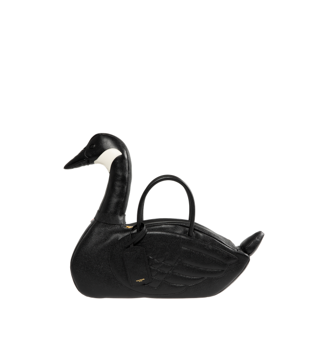 Image 1 of 3 - BLACK - THOM BROWNE Pebble Grain Goose Bag featuring rounded leather handles, brass zip top closure, exterior vent pockets, interior zip pocket, tricolor stripe lining and signature striped grosgrain loop tab. 100% calf full grain leather. Lining: 100% polyester. Made in Italy.