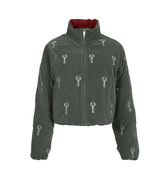 Image 1 of 3 - GREEN - Thom Browne Womens Reversible Cropped Down Jacket is crafted from cotton corduroy and features a reversible design, stand collar, two-way zip and snap-front closures, welt hand pockets, elasticized cuffs, drawcord hem, allover lobster embroidery, signature 4-bar detailing, and the signature striped grosgrain loop tab. This designer cropped puffer jacket combines lightweight goose down insulation with a versatile reversible silhouette for elevated everyday layering. Main Material: 100%