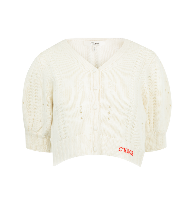 Image 1 of 2 - WHITE - CHLOE Puff-Sleeve Cardigan in a wool & cashmere knit featuring V-neck, short puff sleeves, fabric-covered buttons, cropped fit and Chlo logo embroidery at the hem. 70% wool, 30% cashmere wool.