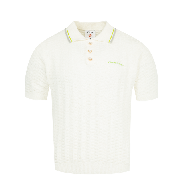Image 1 of 2 - WHITE - CASABLANCA Tennis Boucle Polo Shirt featuring a short-sleeve textured design, Casablanca logo, a three-button placket, gold rim pearl buttons and ribbed collar, cuffs and hem details. 72% cotton, 27% nylon, 1% elastane. Embroidery: 100% polyester.