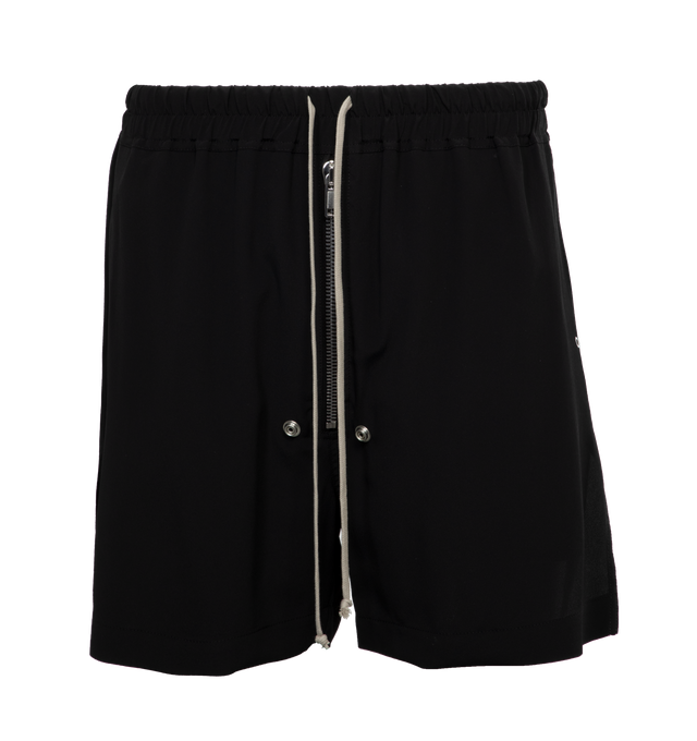 Image 1 of 4 - BLACK - RICK OWENS Bela Boxers featuring exposed zip fly, elastic drawstring waistband, side slip pockets, stiff poplin fabric and metal grommets. 97% cotton, 3% elastane. Made in Italy.  