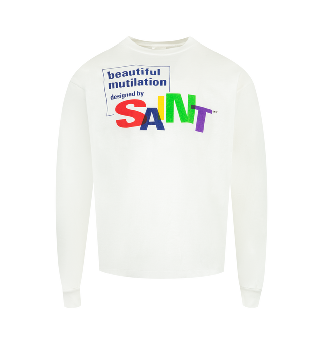 Image 1 of 2 - WHITE - SAINT MICHAEL Beautiful Saint Tee featuring crew neck, long sleeves, ribbed cuffs and screen print on front and back. 100% cotton. Made in Japan.
