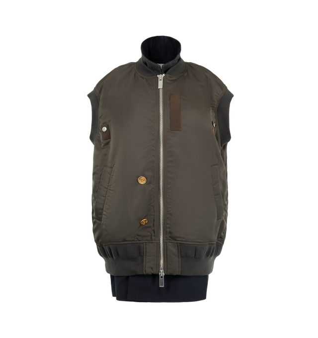 Image 1 of 3 - GREEN - Sacai Women's Nylon Twill Suiting Vest featuring a deconstructed hybrid silhouette and a prominent two-way front zipper. Materials: 100% Nylon; Attached Parts: 70% Polyester, 30% Wool.