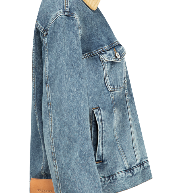 Image 4 of 4 - BLUE - JW ANDERSON Corduroy Collar Jacket featuring a corduroy contrast collar, twisted patch pocket, engraved metal shank buttons and a leather logo patch. 100% cotton. Made in Japan.