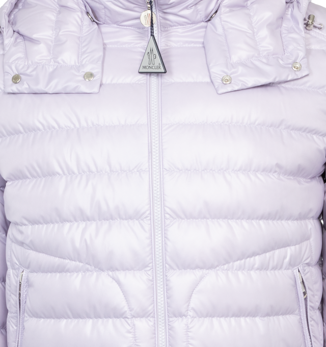 Image 4 of 5 - PURPLE - MONCLER Lauros Short Down Jacket featuring polyester lining, down-filled, detachable hood, collar with snap button closure, zipper closure, zipped pockets and adjustable cuffs and hem. 100% polyester. Padding: 90% down, 10% feather. 