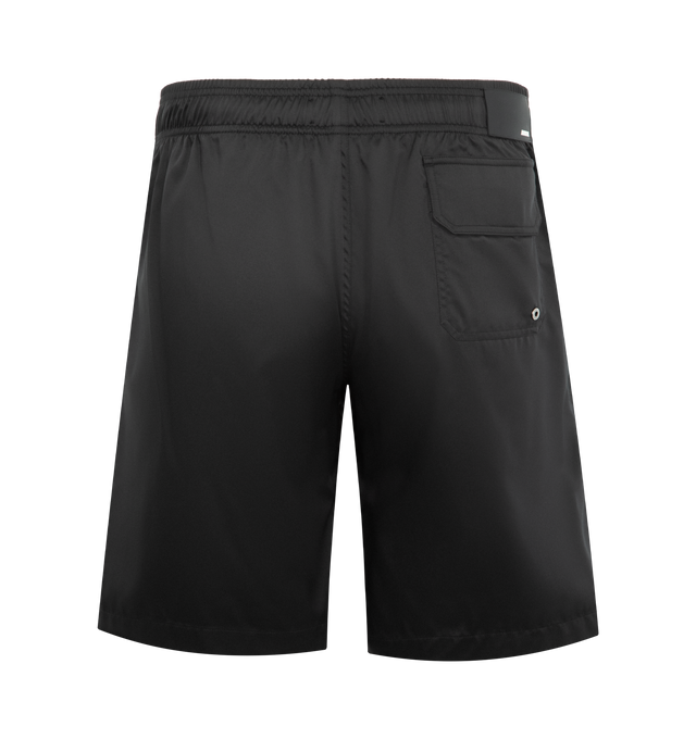 Image 2 of 3 - BLACK - AMIRI Chateau Crest Swim Trunks featuring a Chateau Crest logo on the left leg, back flap pocket, elasticized drawstring waist, side-seam and back flap pockets and pulls on. 100% polyester. Made in Portugal.