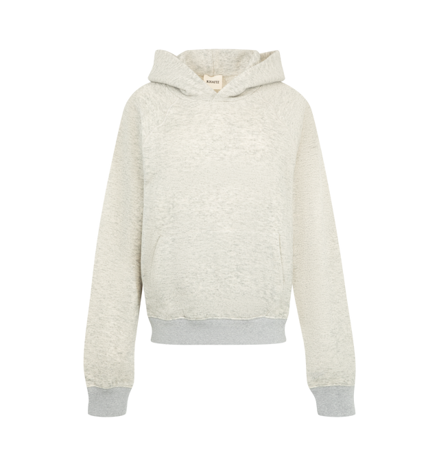 Image 1 of 2 - GREY - Khaite Women's Ellen Hooded Sweatshirt is crafted from cashmere-infused Japanese terry and features a compact, shrunken fit, raglan sleeves, and a double-layered hood. Designed with ribbed trims, an edge-stitched kangaroo pocket, and four-needle cover stitching, this elevated essential combines refined warmth with a plush, soft handfeel. Main Material: 70% Cotton, 17% Wool, 11% Polyamide, 2% Cashmere. Made in Italy.