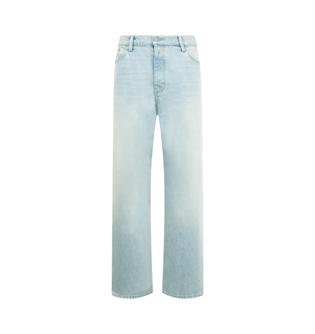 Image 1 of 3 - BLUE - NAHMIAS Light Wash Baggy Jeans featuring 5 pocket styling, baggy fit, button closure and leather patch on back. 100% cotton.