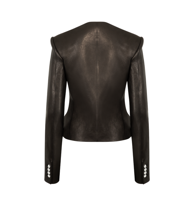 Image 3 of 4 - BLACK - KHAITE Nara Jacket featuring a collarless, high-necked jacket shaped by soft peplum contouring, reinforced shoulder pads, single-breasted silhouette, cropped fit, faux pockets and cupro twill lining. 100% lamb.