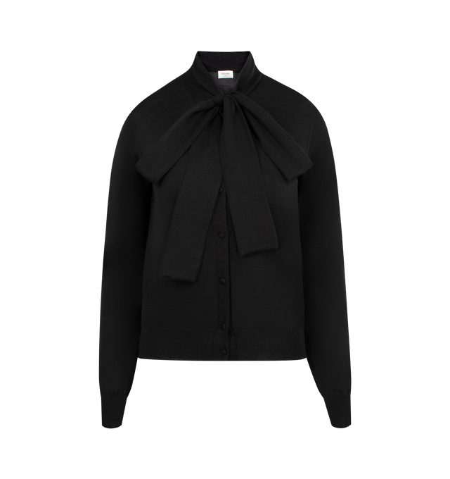 Image 1 of 2 - BLACK - SAINT LAURENT Lavallire Cardigan in cashmere, wool, and silk featuring a lavallire tie, front button closure and long sleeves. 35% cashmere, 35% wool, 30% silk. Made in Italy.