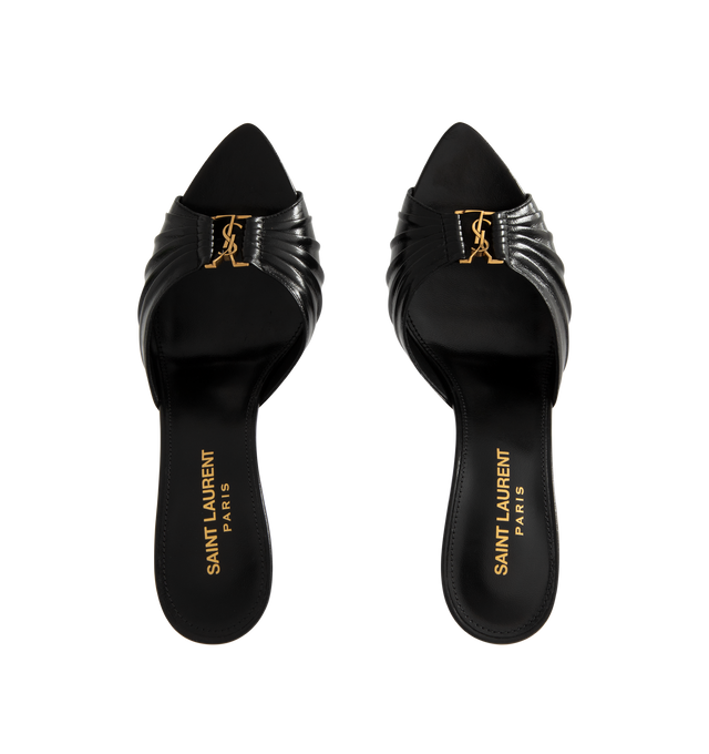 Image 4 of 4 - BLACK - SAINT LAURENT Babylone Mule featuring stiletto mules with a pointed peep toe, gathered upper decorated with the cassandre and leather sole. 3.5 inches. Lambskin. Made in Italy.
