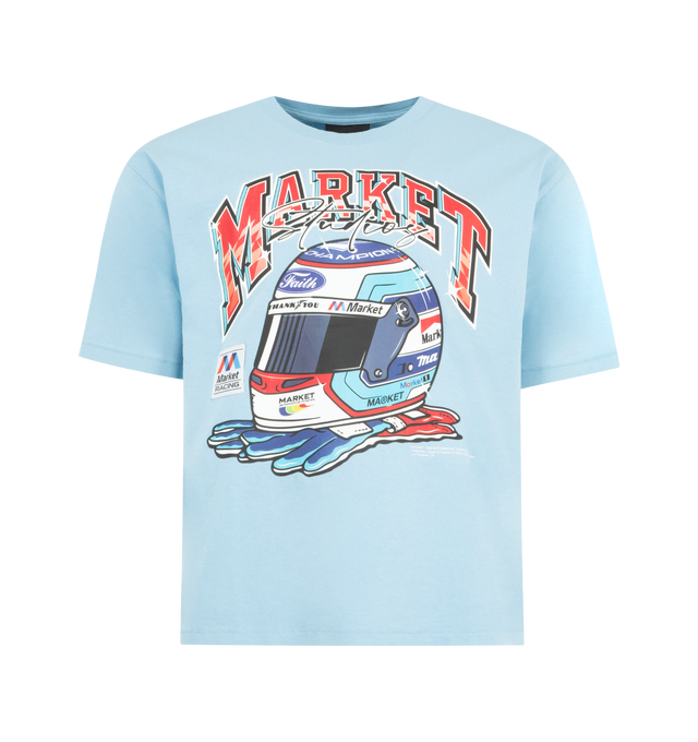 Image 1 of 2 - BLUE - MARKET Racing Helmet Graphic T-Shirt featuring crewneck, short sleeves, boxy fit and graphic on front. 100% cotton.