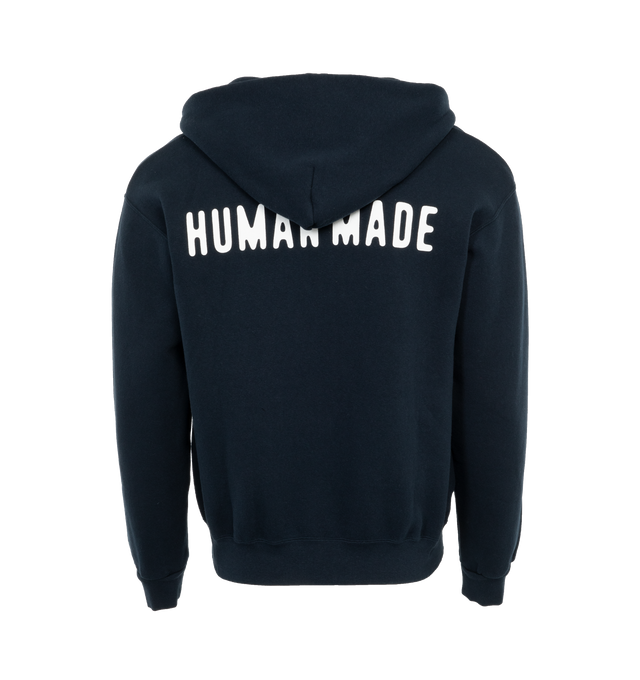 Image 2 of 4 - NAVY - HUMAN MADE Zip-Up Hoodie featuring zip front closure, heart logo embroidery on the chest and "Human Made" print on the back.  
