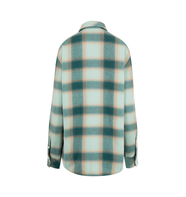 Image 2 of 2 - GREEN - GOD'S TRUE CASHMERE Shadow Plaid Cashmere Shirt featuring 11 hand-carved, gemstone snaps, Emerald, plaid throughout, long sleeves, classic collar and two front flap pockets on chest. 100% cashmere. Made in Italy.