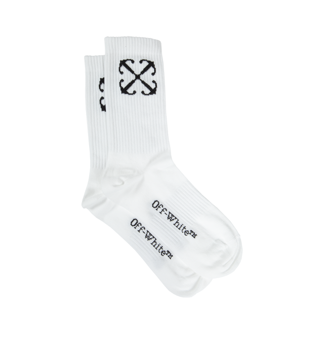 Image 1 of 2 - WHITE - OFF-WHITE ARROW MID CALF SOCKS are mid ribbed socks featuring arrows at side and Off-White logo at side. 15% Polyamide 80% Cotton 5% Elastane. 