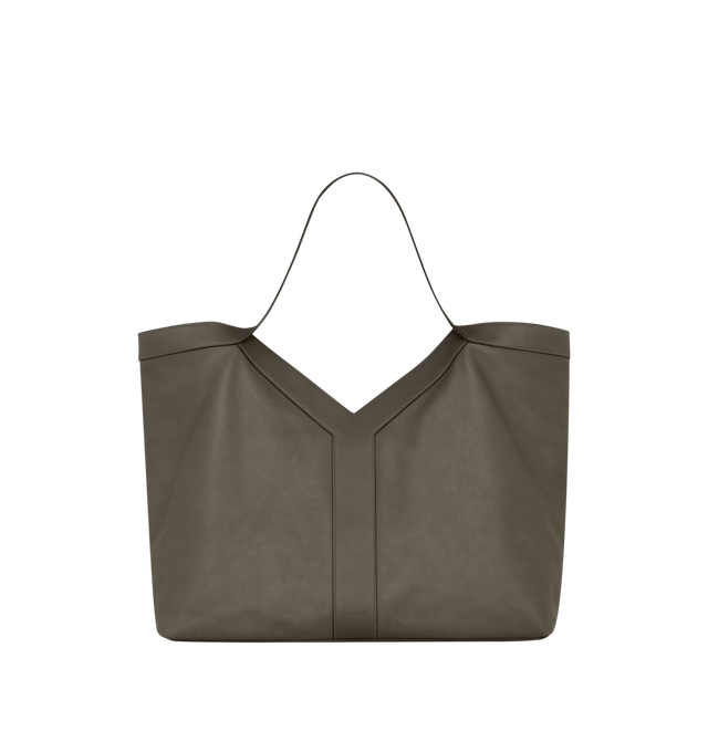 Image 1 of 3 - GREY - SAINT LAURENT Y Tote Bag in leather featuring finely grained leather, fully lined in tonal suede, ultra-lightweight, subtle Y signature stitching, a zip pocket and brass carabiner, hook closure and one keyring carabiner tab. 14.6" x 12.6" x 2.88.7". Strap drop: 10.2". Calfskin. Made in Italy.