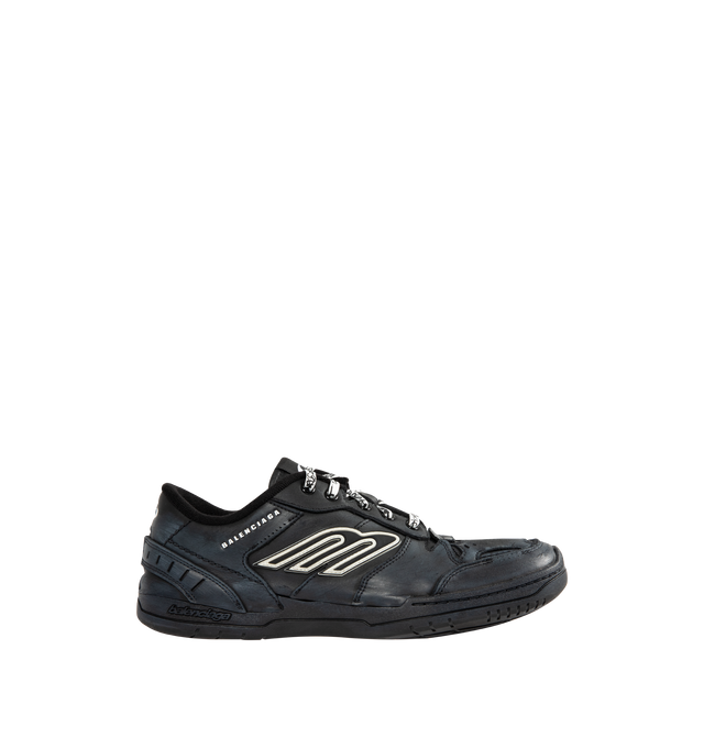 Image 1 of 5 - BLACK - BALENCIAGA Hamptons Worn-Out Sneaker in cowskin and polyester featuring worn-out effect, scribbled laces, raw edge and visible stitching on the upper, Balenciaga logo debossed on the upper, Balenciaga logo embossed on the outsole, 3B sports icon artwork in rubber on each side, loop sports icon logo on the tongue and at back heel and written size debossed on the upper and at back of the heel. Upper: cowskin, polyester. Sole: rubber. Insole: foam. Made in China.