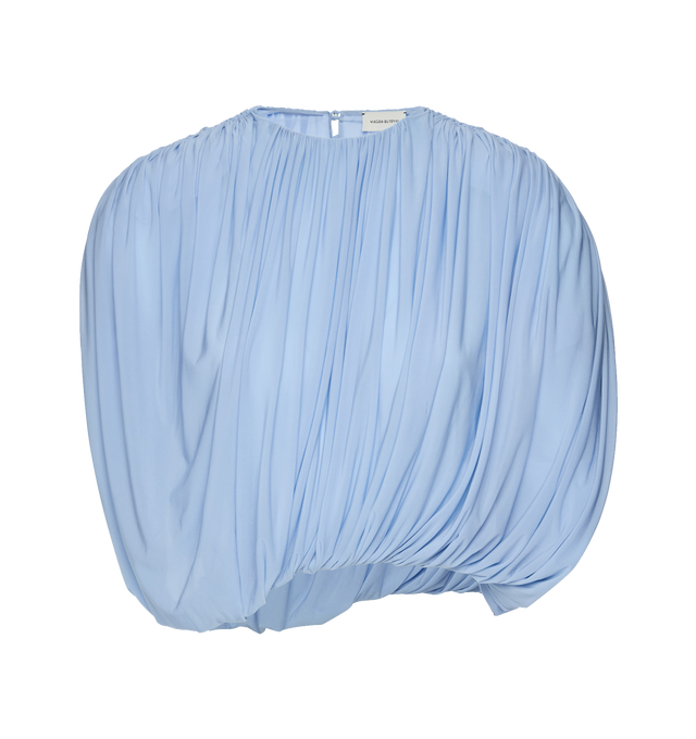 Image 1 of 2 - BLUE - MAGDA BUTRYM Ruched Bubble Top featuring a sculptural sleeveless blouse crafted from a soft cupro blend with added stretch, a rounded neckline, voluminous draping gathered at the top and hem, a smooth inner lining, light shoulder padding, elasticated hem and fastens at the back with three covered buttons and loop closures. 92% cupro, 8% elastane.
