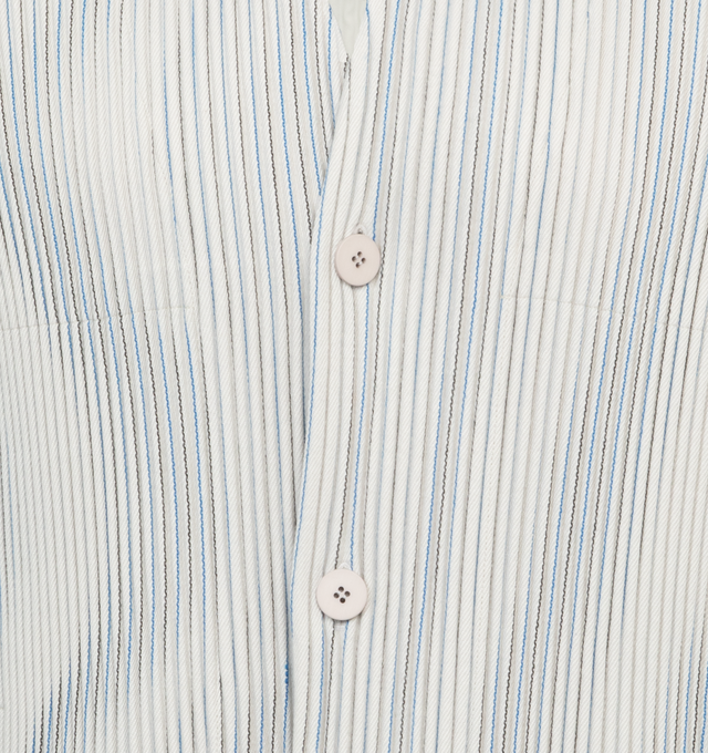Image 4 of 4 - WHITE - ISSEY MIYAKE TWEED PLEATS SHIRT featuring wavy contrasting stripes, pleated jacket, straight, tailored shape, two side pockets and a two-button closure. 100% polyester.  