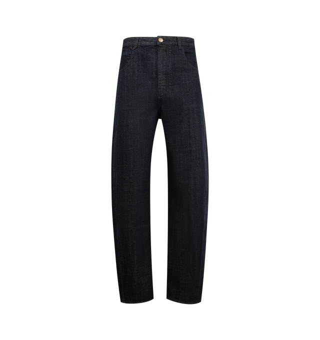 Image 1 of 3 - NAVY - JACQUEMUS The Mirada de-Nmes Jeans featuring mid-rise, belt loops, five-pocket styling, button fly, logo printed at back pocket and corozo hardware. 100% cotton. Lining: 65% polyester, 35% cotton. Made in Portugal.