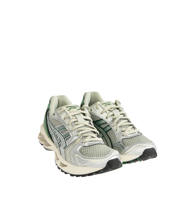 Image 2 of 5 - SILVER - Asics GEL-Kayano 14 Sneakers are lace-up style with rip-stop underlays, GEL cushioning, and TRUSSTIC support system. Unisex style in men's sizing.