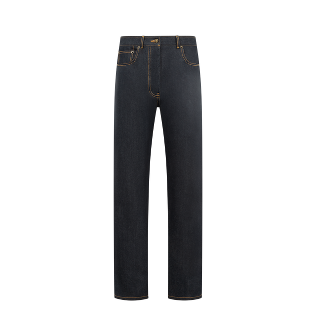 Image 1 of 3 - NAVY - THOM BROWNE Selvedge Denim 5 Pocket Pant featuring button fly closure, 5-pocket style, adjustable buttoned backstrap, selvedge detail visible at inner cuffs and signature striped grosgrain loop tab. 100% cotton. Made in Japan.