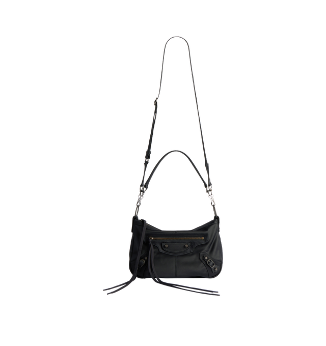 Image 3 of 5 - BLACK - BALENCIAGA Le City Moto Small Bag in black nylon, brass hardware featuring one removable shoulder strap, adjustable and removable strap, crossbody and shoulder carry, zipped closure with knotted nylon puller, front zipped pocket with knotted nylon puller, 1 main compartment, 1 inner zipped pocket and cotton canvas lining. 11" x 7.1" x 4.3". Polyamide, polyester. Made in Italy.