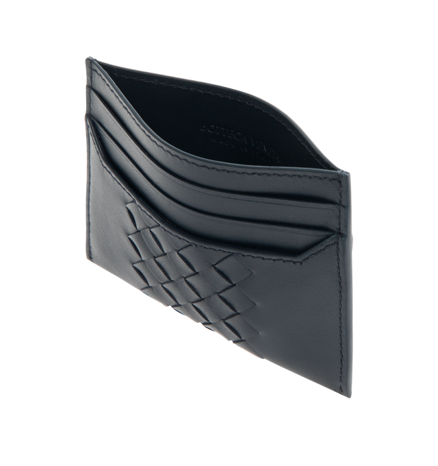 Image 3 of 3 - NAVY - BOTTEGA VENETA Intrecciato Piccolo Card Case featuring intrecciato piccolo calfskin leather card case with smooth sides, four card slots and one central pocket. 3.1" x 4.1" x 0.2". Calfskin. Made in Italy.