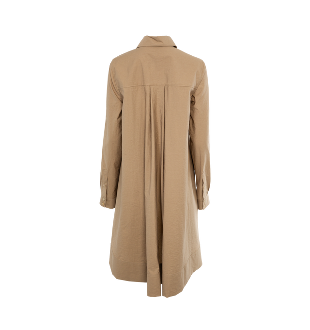 Image 2 of 4 - BROWN - LOEWE PAULA'S IBIZA Tunic Dress featuring lightweight textured cotton poplin, relaxed fit, mid length, trapeze silhouette, classic collar, long sleeves that can be rolled up, v-neck, patch pockets and Anagram ajour embroidery at the front. Cotton/polyamide. Made in Italy. 