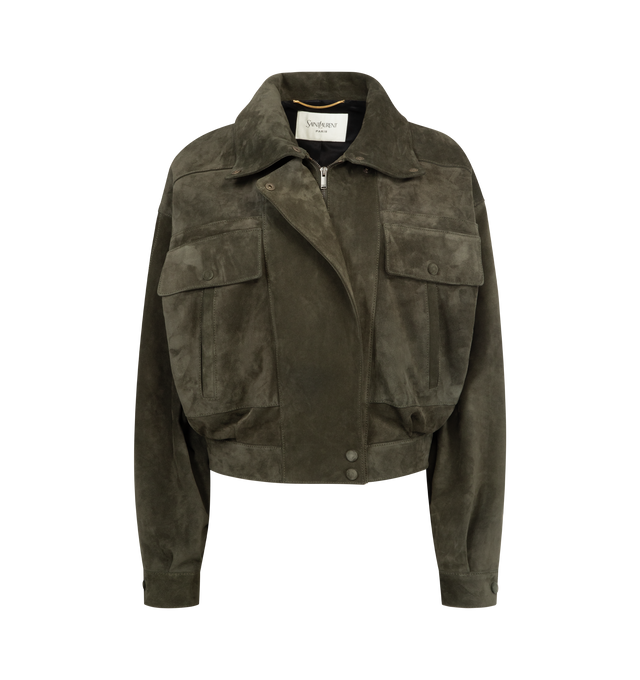 Image 1 of 3 - GREEN - SAINT LAURENT Vintage Split Leather Jacket featuring a stand collar, drop shoulders, shirred back waist, viscose and cotton lining, concealed zip closure with snap-button storm flap, two patch pockets with snap-button flap and two welt pockets at the front, one inner welt pocket, snap-button stand collar, snap-button cuffs and elasticized back hem. 100% calfskin. Made in Italy. This item may be restricted for online purchase to international clients. For assistance purchasing this ite