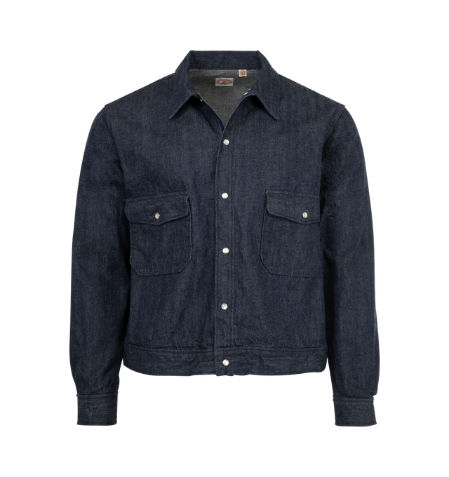 Image 1 of 2 - BLUE - FULLCOUNT Hollywood Dude Denim Jacket featuring 11oz 19th A.M.Co. Blue Denim, a western detailed short length jacket with a 50's taste, pearl button closure, flap pockets on chest, long sleeves and collar. 100% cotton.