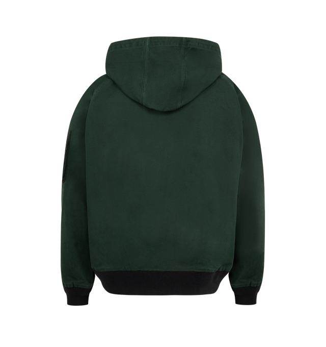 Image 2 of 3 - GREEN - SACAI X CARHARTT WIP Washed Duck Hooded Jacket featuring drawstring hood, drop shoulders, long sleeves, sleeve zip pocket, split kangaroo pocket, rib-knit trim and two-way front zip closure. 100% cotton. 100% nylon. Made in Japan.