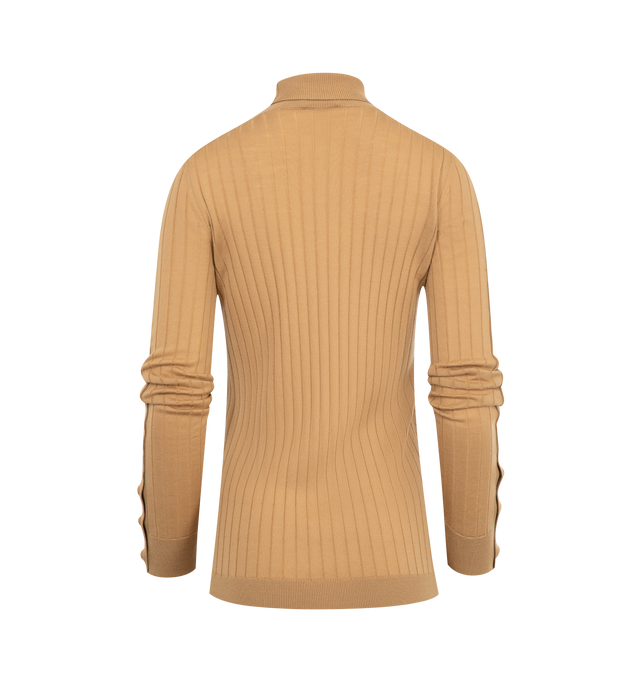 Image 2 of 3 - BROWN - MONCLER Wool & Cashmere Turtleneck Sweater featuring ultra-fine Merino wool and cashmere blend, rib knit, gauge 18, turtleneck and adjustable cuffs. 90% virgin wool, 10% cashmere.