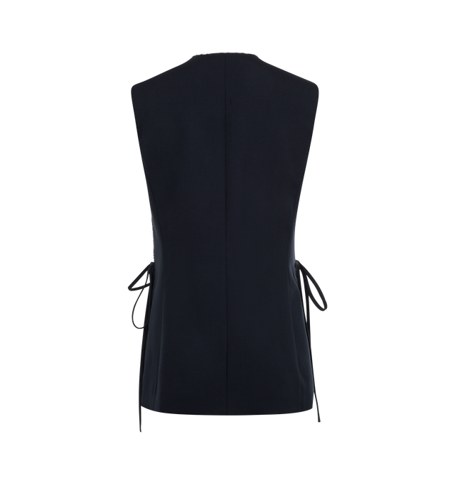 Image 2 of 2 - BLUE - MARNI Wool Waistcoat featuring v-neck, raw-cut side slits with adjustable ties, upper welt pocket, lower flap pockets, button closure, hand-embroidered Marni Symbol on the shoulder and Marni Mending around the buttonhole. Lined. 100% virgin wool. Lining: 100% viscose/rayon. Made in Italy.