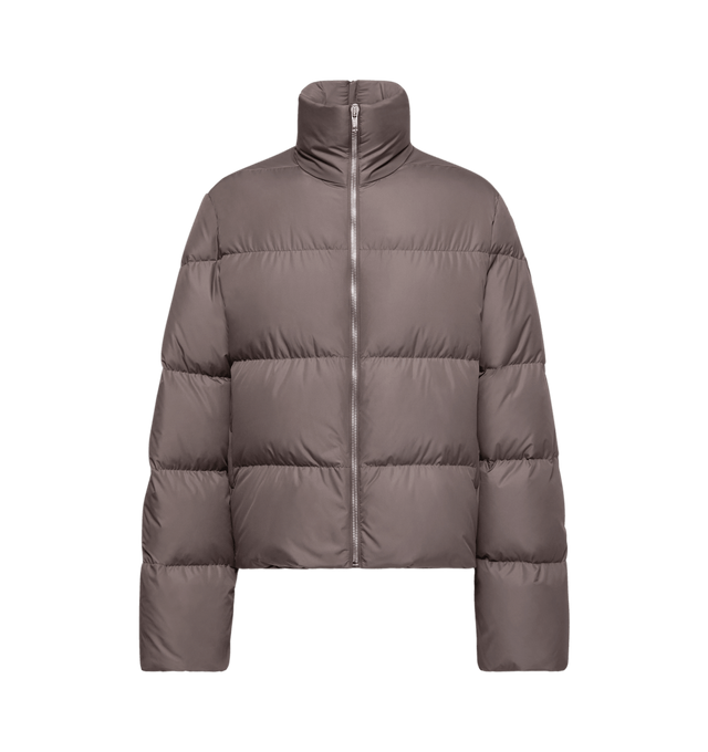 Image 1 of 1 - BROWN - RICK OWENS X MONCLER Cyclopic Short Down Jacket featuring polyester taffeta, ultra-light polyester lining, wool blend knit trim, down-filled, stand collar with zipper closure at the back, zipper closure, welt pockets with snap button closure, inner zipped pockets, ribbon at the back and embroidered logo patch. 100% polyester. Padding: 90% down, 10% feather.