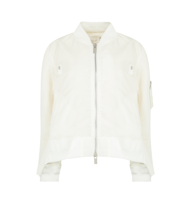 Image 1 of 3 - WHITE - SACAI Nylon Twill & Wool Suiting Jacket featuring nylon satin bomber jacket, paneled construction, rib-knit stand collar, two-way zip closure, press-stud tabs at chest, cropped asymmetric hem and utility pocket at sleeve. Made in Japan.