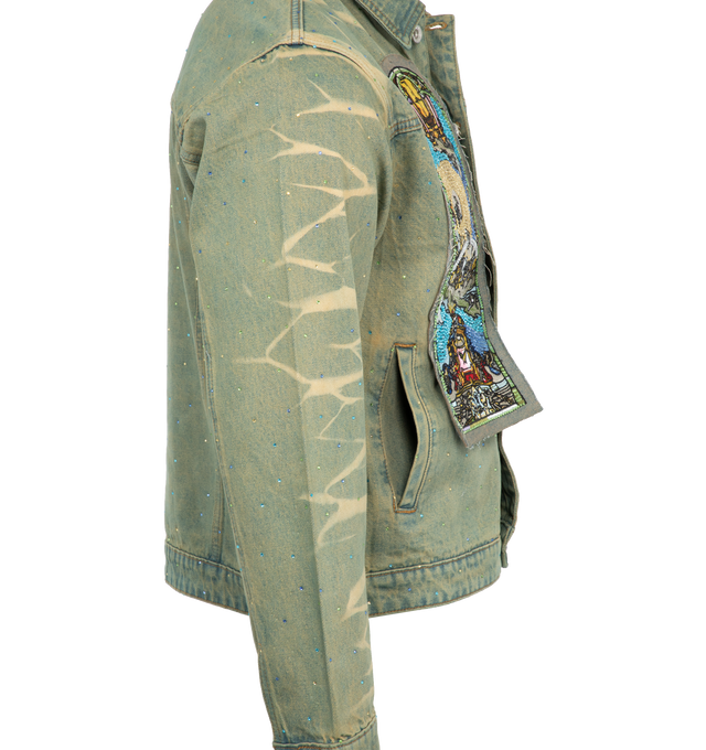 Image 3 of 4 - BLUE - WHO DECIDES WAR Unfurled Denim Jacket featuring traditional fit with stained glass embroidery and rhinestone appliqus throughout. 100% cotton. 