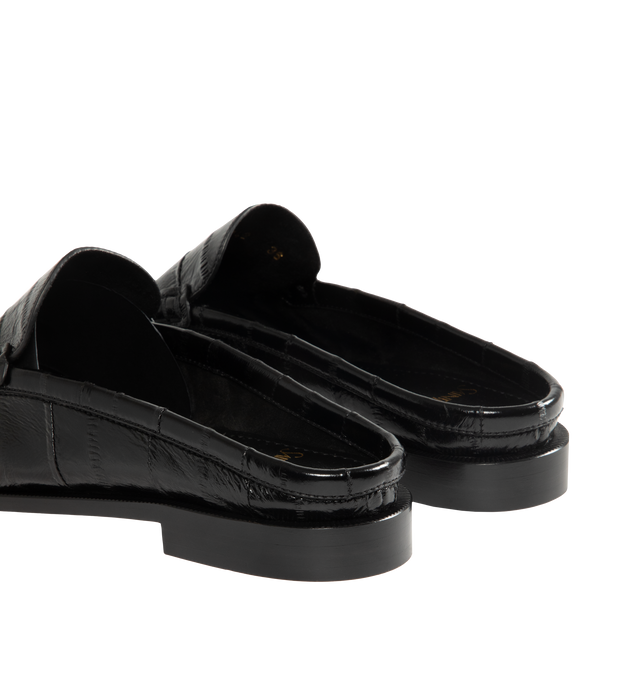Image 3 of 4 - BLACK - SAINT LAURENT Le Loafer Mule featuring croc-embossed leather upper with leather sole, slip-on styling, cushioned leather footbed, signature penny loafer strap, cassandre at vamp and almond toe. Made in Italy.