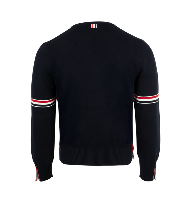 Image 2 of 2 - NAVY - THOM BROWNE Cotton Milano Stitch Stripe Pullover featuring crew neckline, signature striped grosgrain armbands, buttoned side vents and cuffs with signature striped grosgrain trim and signature striped grosgrain loop tab at back of neck. 100% cotton. Made in Italy.