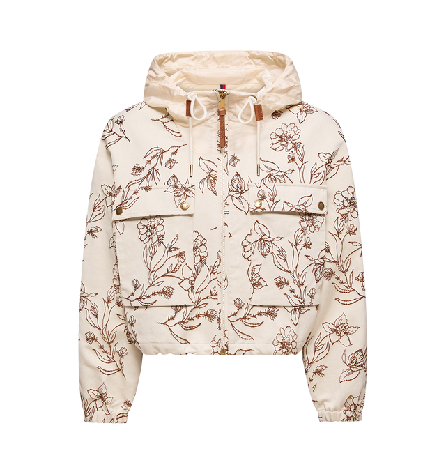 Image 1 of 1 - MULTI - MONCLER Nepeta Hooded Floral Print Jacket featuring acetate and cotton blend jacquard, cotton and nylon blend lining, adjustable hood, zipper closure, pockets with snap button closure, elastic cuffs and hem with drawstring fastening. 50% acetate, 44% cotton, 5% polyamide/nylon, 1% elastane/spandex. Lining: 54% cotton, 46% polyamide/nylon.