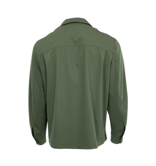 Image 2 of 3 - GREEN - LEMAIRE Soft Military Overshirt featuring loose fit, workwear collar, double back yoke, buttoned cuffs, large overlapping plackets on the center front and two buttoned chest pockets. 100% virgin wool. Made in Hungary. 
