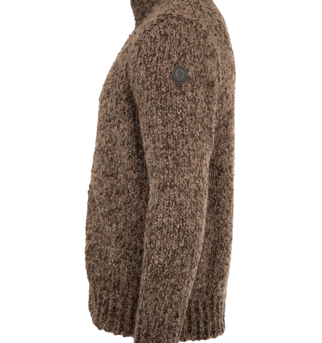 Image 3 of 3 - BROWN - MONCLER Wool & Alpaca Zip-Up Cardigan featuring a wool and alpaca blend, turtleneck silhouette, stockinette stitch, gauge 3, zipper closure and leather logo patch. 52% alpaca, 47% wool, 1% polyamide/nylon. Made in Bulgaria.