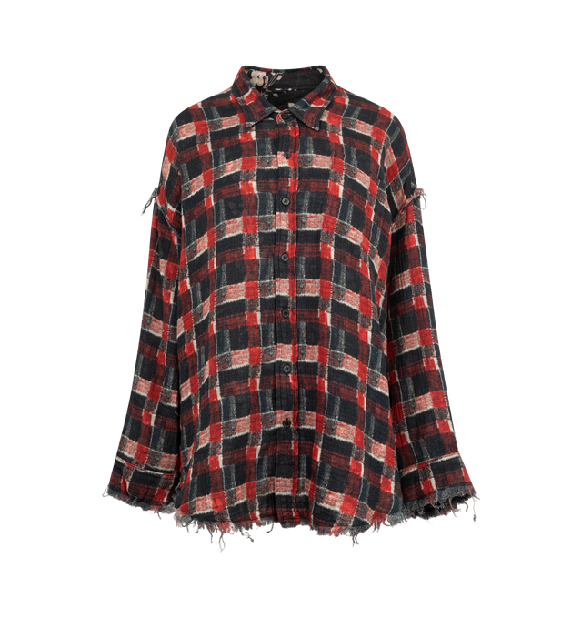 Image 1 of 3 - RED - R13 Reversible Shredded Seam Drop Neck Shirt featuring cotton gauze shirt, frayed edges, check pattern on one side, floral print on the reverse, spread collar, button closure, patch pocket at chest, shirttail hem, dropped shoulders and buttoned barrel cuffs. 100% cotton. Made in Italy.