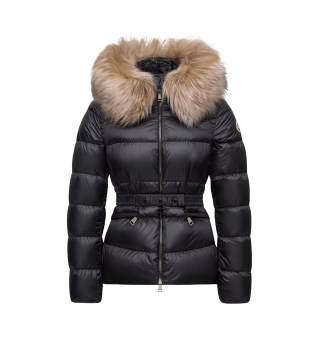 Image 1 of 1 - BLACK - Moncler Women's Boed Hooded Shearling-Trimmed Short Down Jacket is crafted from longue saison nylon and features a down-filled construction, a detachable long-haired shearling-trimmed hood, a front zip closure, zipped pockets, and an elastic belt with a snap-button closure that defines the waist. This designer down jacket combines lightweight warmth with a refined, feminine silhouette for elevated cold-weather wear. Main Material: 100% Polyamide (Nylon). Lining: 100% Polyamide (Nylon)