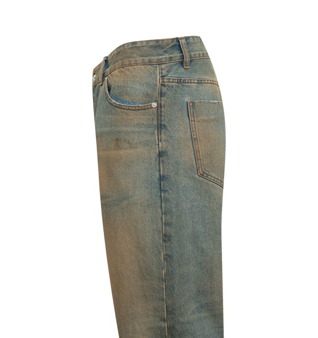 Image 3 of 3 - BLUE - JACQUEMUS Le De-Nimes Berger Jean featuring distressed straight leg jeans, mid-rise, zip fly with engraved metal button, belt loop including one "J" loop, five pockets including a ticket pocket, metal rivets, embroidered patch on the back and contrasting topstitching. 100% cotton. Lining: 65% polyester, 35% cotton. Made in Italy.