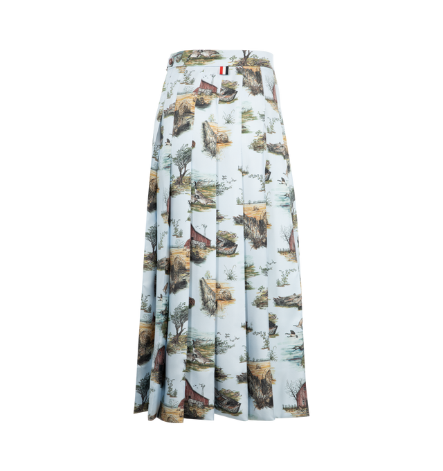 Image 2 of 2 - BLUE - THOM BROWNE Classic Pleated Skirt with Scenic Toile Small Print on Silk Twill featuring side zip closure, dropped back hem with signature striped grosgrain trim and signature striped grosgrain loop tab. 100% silk. Made in Italy.