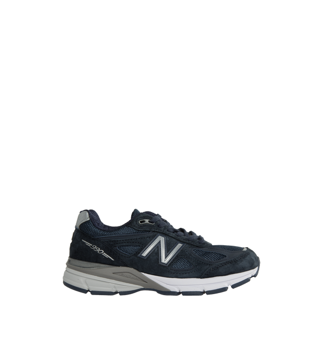 Image 1 of 5 - NAVY - NEW BALANCE 990v4 Sneakers featuring low-top, paneled pigskin suede and mesh, lace-up closure, logo patch at padded tongue, padded collar, logo patch at heel counter, logo appliqu at sides, reflective text at outer side, mesh lining, textured ENCAP foam rubber midsole and treaded rubber sole. Made in United States. 