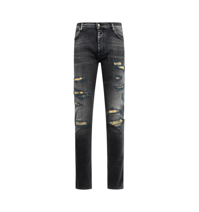 Image 1 of 3 - BLACK - AMIRI Snake Thrasher Skinny Jean featuring button fly closure, 5-pocket styling, intentionally distressed details with snake embossed panels and midweight stretch denim. 92% cotton, 6% elastomultiester, 2% elastane. Made in Italy.
