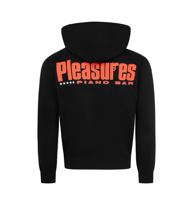Image 2 of 2 - BLACK - PLEASURES Piano Bar Pullover Hoodie featuring cotton-blend fleece, logo art on the front and back, fixed hood, ribbed cuffs and hem and kangaroo pocket. 57% cotton, 43% polyester.
